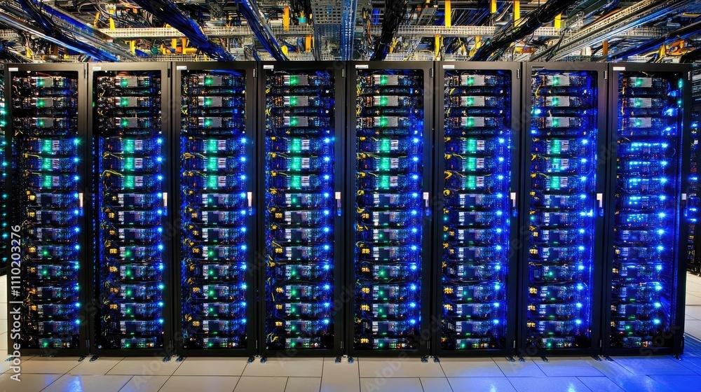 Poster data center infrastructure focused on server racks with illuminated systems and it engineer performi