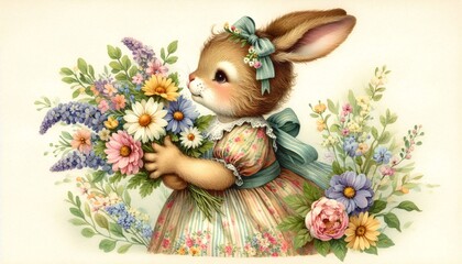Vintage Watercolor Easter Bunny Girl in Dress Holding Spring Flowers - Delightful Art Element for Seasonal Decor and Crafts