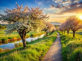 A Scenic Path Through Lush Orchards and Reed Beds in a Picturesque Countryside Landscape on a Sunny Summer Afternoon with Majestic Mountains in the Distance