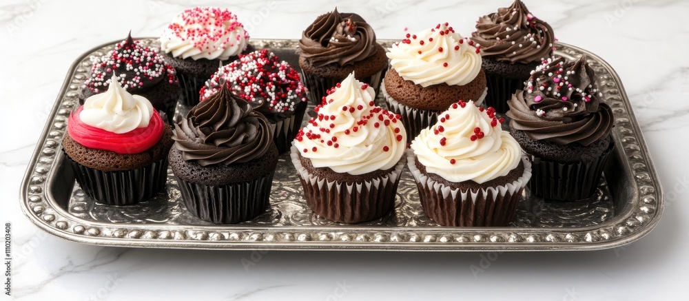 Poster rustic silver tray angled with chocolate and vanilla cupcakes topped with white frosting and colorfu