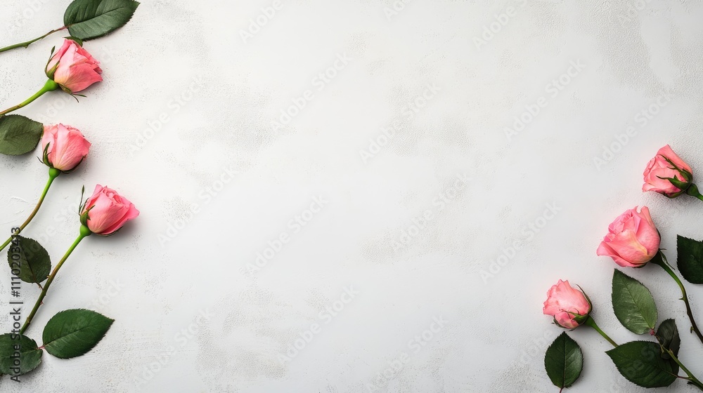 Aufkleber Fresh pink roses arranged on a textured white background with ample copy space for text design and floral patterns.