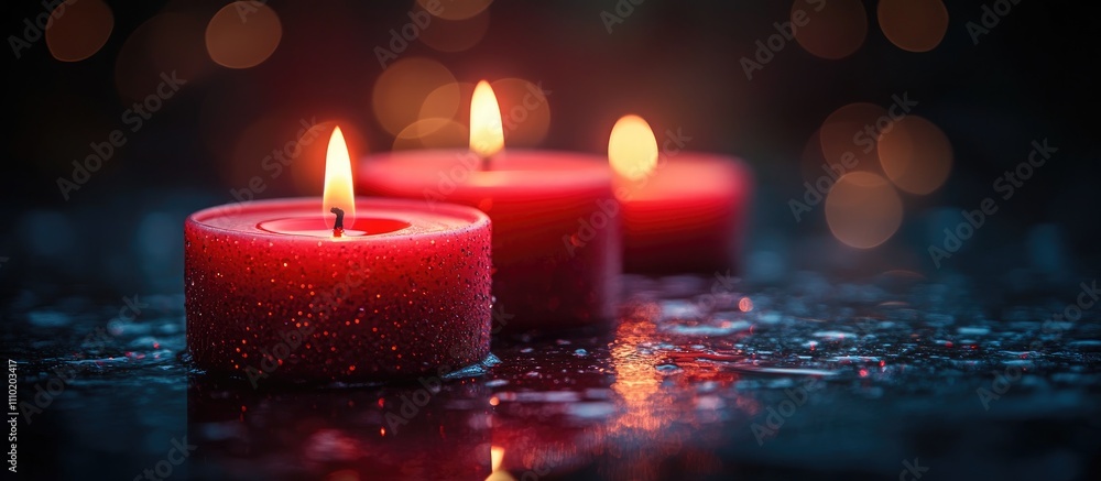 Aufkleber Red candles glowing beautifully at night with a soft bokeh background creating a warm and tranquil atmosphere for relaxation and meditation