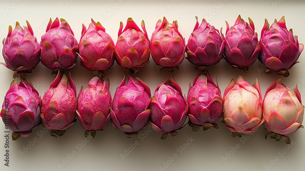 Poster ripe dragon fruits arranged in a row isolated on a clean white background showcasing their vibrant c