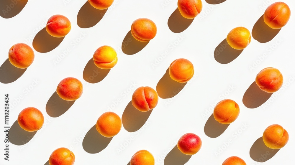 Poster ripe apricots arranged in a pattern on a white background showcasing vibrant colors and shadows for 