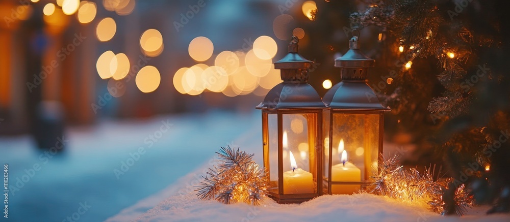 Poster warm lantern glow illuminating snowy path with festive tinsel and blurred background creating a magi