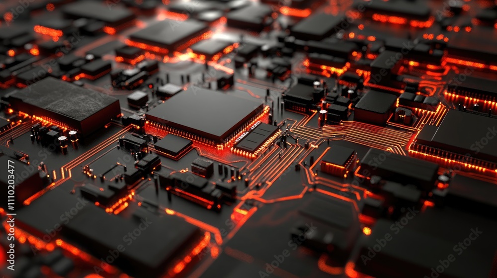 Poster machine learning technology concept showcasing intricate circuit board with glowing connections and 