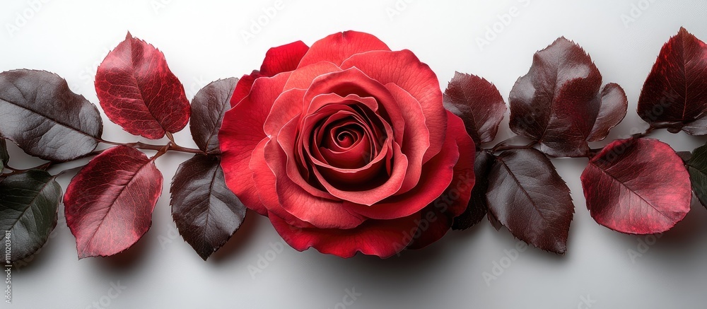 Poster Elegant red rose with deep maroon leaves isolated on a white background showcasing intricate petal details from an overhead perspective