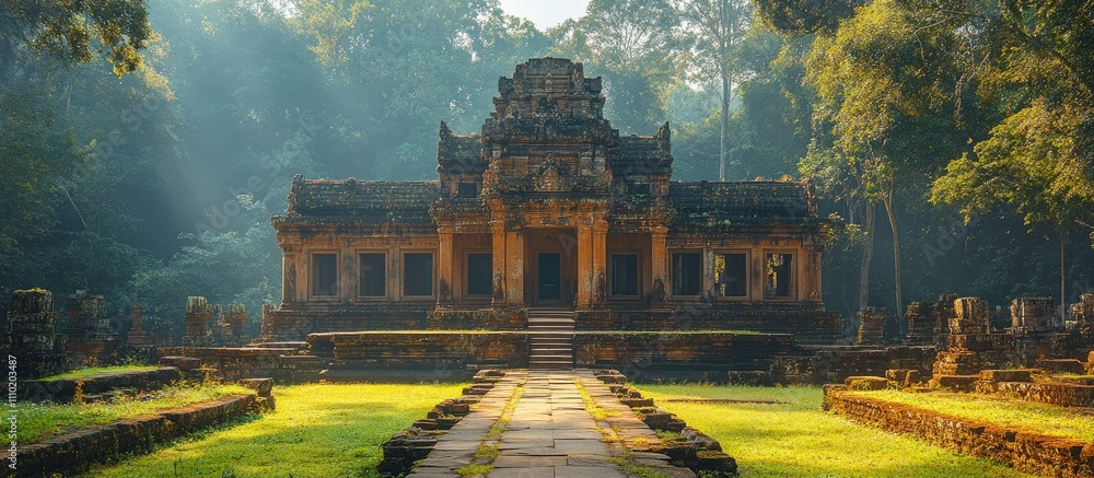 Poster serene temple surrounded by lush greenery on a bright day with soft sunlight illuminating the ancien