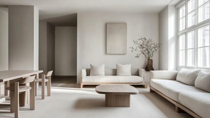 Nordic-style living room with clean white walls, light gray accents, and minimalist wooden furnishings for a warm, inviting design
