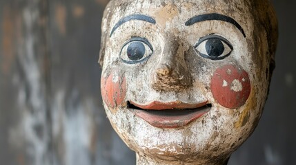 Vintage carousel clown figure with vintage paint and expressive features close-up shot. Retro amusement park decoration concept.