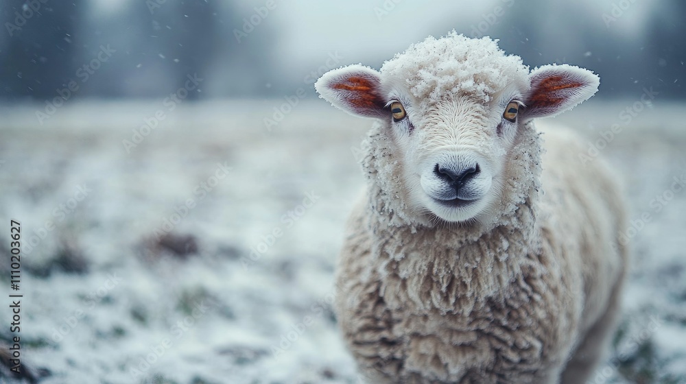 Aufkleber sheep standing in a snowy winter field with gentle snowfall and soft white fur in a serene frosty la