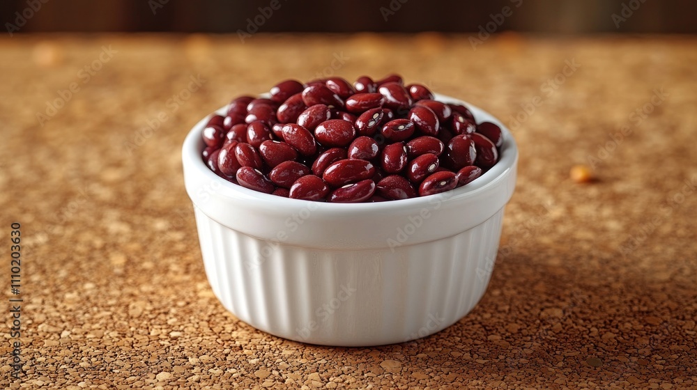 Poster red adzuki beans in a white bowl atop a textured cork board creating a rustic kitchen ambiance for c