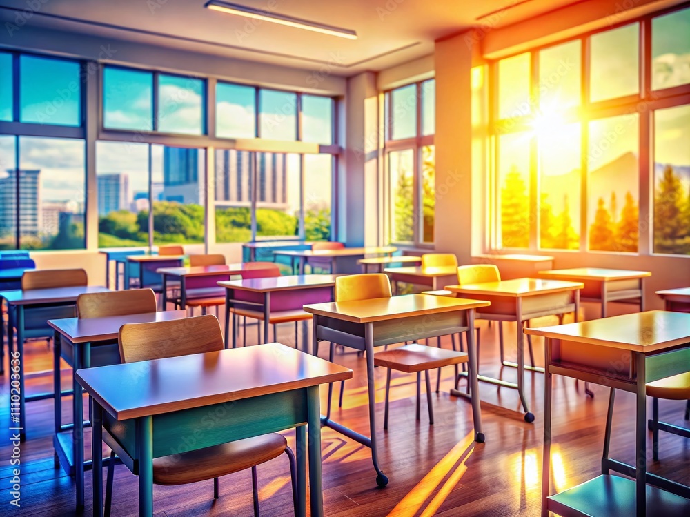 Poster a serene classroom setting with an empty desk arrangement and blurred background for generative ai p