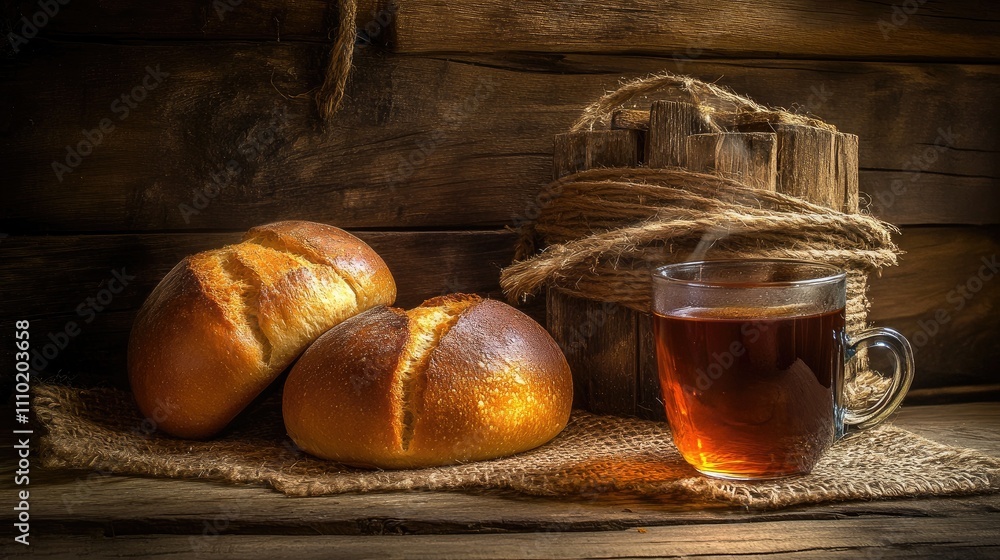 Poster Rustic bread rolls and a cup of tea arranged on burlap with a wooden crate creating a warm and inviting country kitchen atmosphere.
