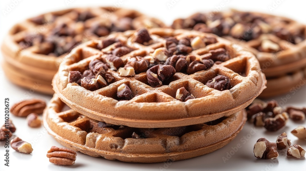 Poster delicious round waffles topped with chopped nuts arranged on a clean white background for a tempting