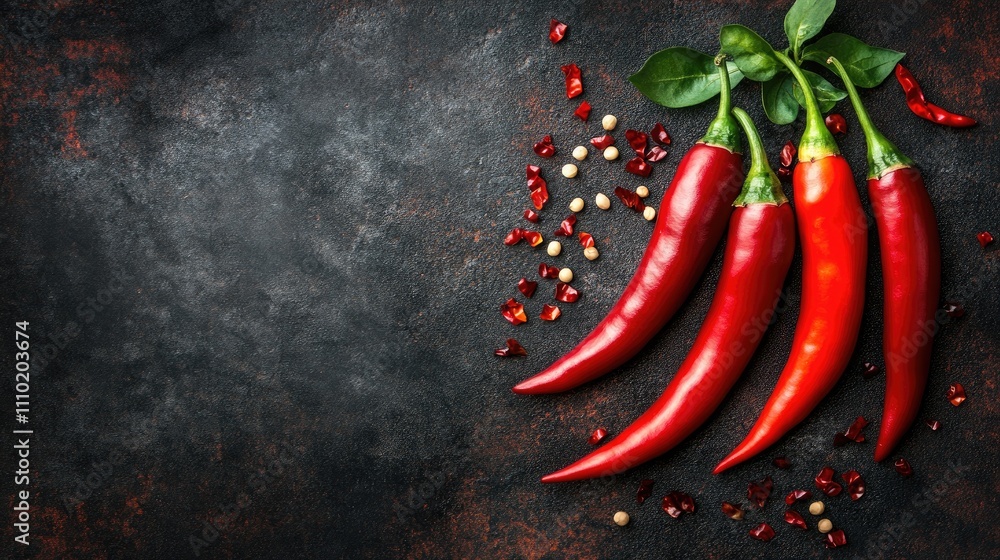 Poster fresh red chili peppers with green leaves and various spices on a dark textured background flat lay 