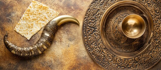 Traditional Jewish Seder Table Arrangement with Matzah Kiddush Cup Shofar and Ornate Plate on Light Backdrop for Passover Celebration