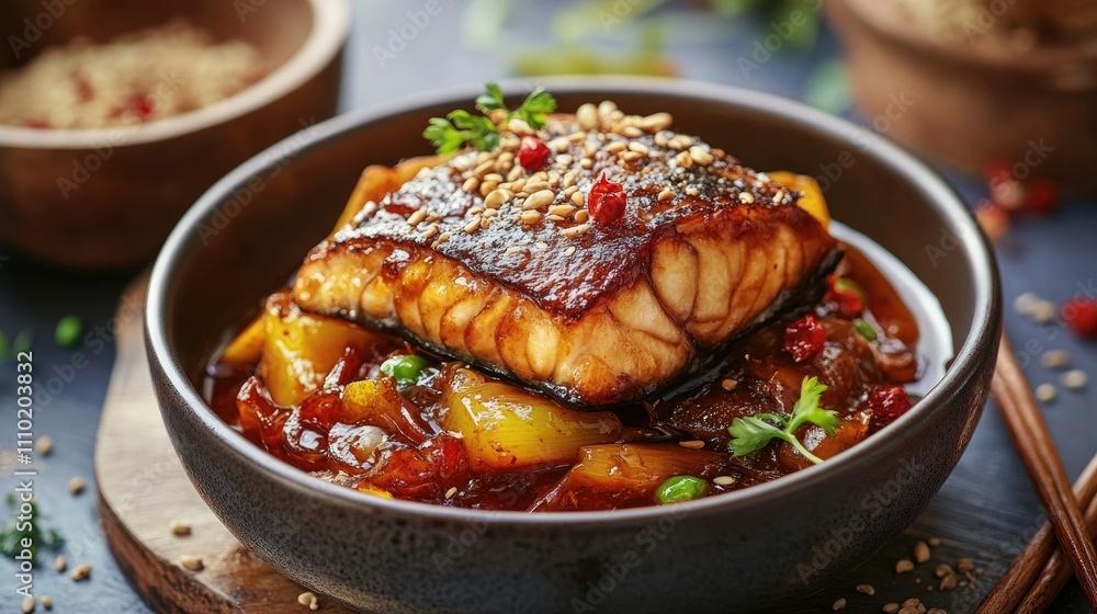 Poster steamed salmon fillet in soy sauce served with sautã©ed vegetables and sesame seeds in a rustic bowl