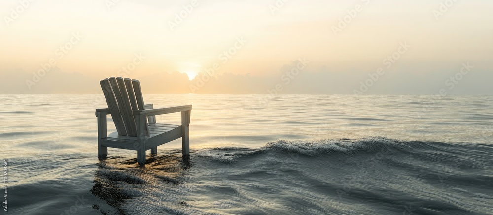 Poster serene beach chair on a calm sea at sunrise with soft waves creating a peaceful and tranquil atmosph