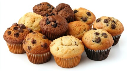 Assorted freshly baked muffins with chocolate chips displayed against a clean white background delicious pastry treat close up view