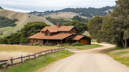 Fototapeta premium Rustic L-shaped farmhouse with wooden beams and a barn-style roof, surrounded by rolling hills and a dirt driveway.