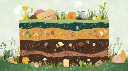 Obraz premium A step-by-step illustration of the composting process, with labeled layers of organic materials, water, and soil 