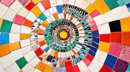 A vivid depiction of multicultural exchange with a circular mosaic made from various traditional patterns representing different cultures, symbolizing global unity, minimalist composition