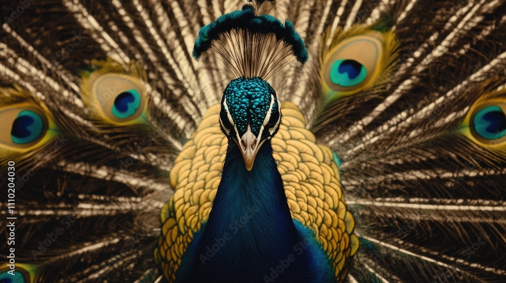 Poster vibrant peacock displaying colorful feathers with intricate patterns in a natural setting