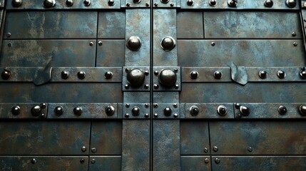 Fototapeta premium Rustic metallic door texture featuring rivets and patina for industrial or vintage design concepts. Ideal for backgrounds and overlays.