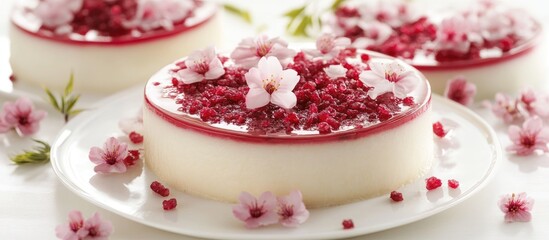 Festive red and white rice cakes adorned with delicate cherry blossoms on a white plate showcasing traditional culinary art.