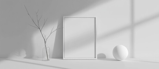 Minimalist New Year still life with tree branch in vase white frame and spherical decoration on white background with ample copy space