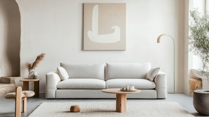 Scandinavian minimalist living room with a gray sofa, neutral decor, light wooden furniture, and a bright, spacious ambiance
