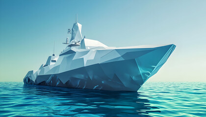 A stylized, low-poly ship sailing on calm waters under a clear sky.