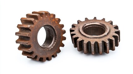 Rustic industrial gears with weathered textures isolated on white background for mechanical and vintage design concepts