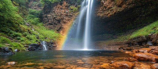 Vibrant rainbow arching over serene waterfall in lush green landscape with crystal clear pool at the base of a levada