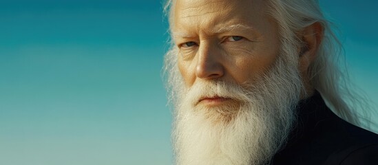 Santa Claus portrait with white beard and long hair against a blue background wearing a black shirt capturing a modern festive essence.