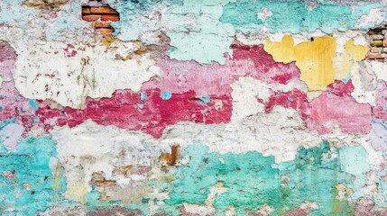 Obraz premium Weathered colorful plaster wall with peeling paint texture showcasing a vintage aesthetic in a horizontal close-up view.