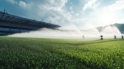 Fototapeta premium Sprinkler system watering a professional football stadium with perfectly maintained grass