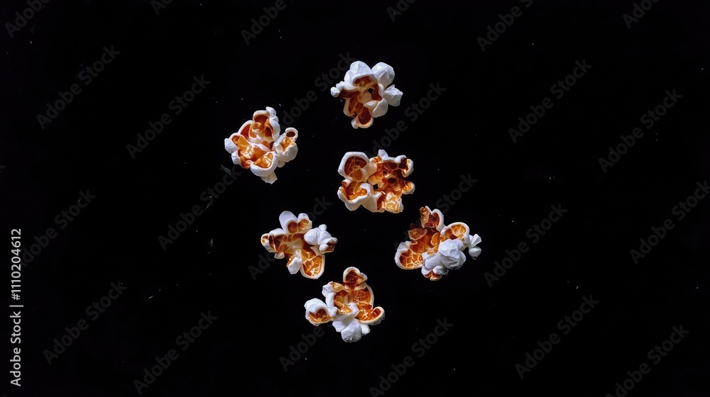 Poster popcorn kernels arranged artistically on a black background showcasing texture and color contrast in