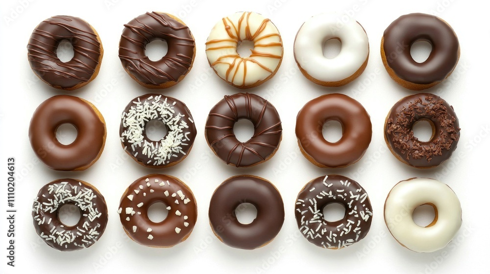Aufkleber Assorted gourmet donuts topped with dark and white chocolate arranged in a grid pattern against a light background viewed from above