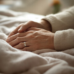 Hands resting on soft blanket, symbol of comfort and care