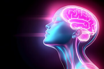 A glowing neon pink and blue digital human head with brain is seen in profile on dark background