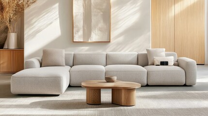 Simple modern living room featuring a light gray sofa, minimalist decor, and Scandinavian-style wooden accents in a bright space