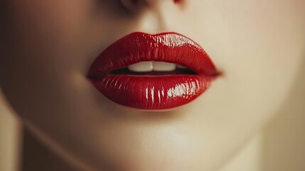 Obraz premium Close-up of Glossy Red Lips with Subtle Natural Makeup Details