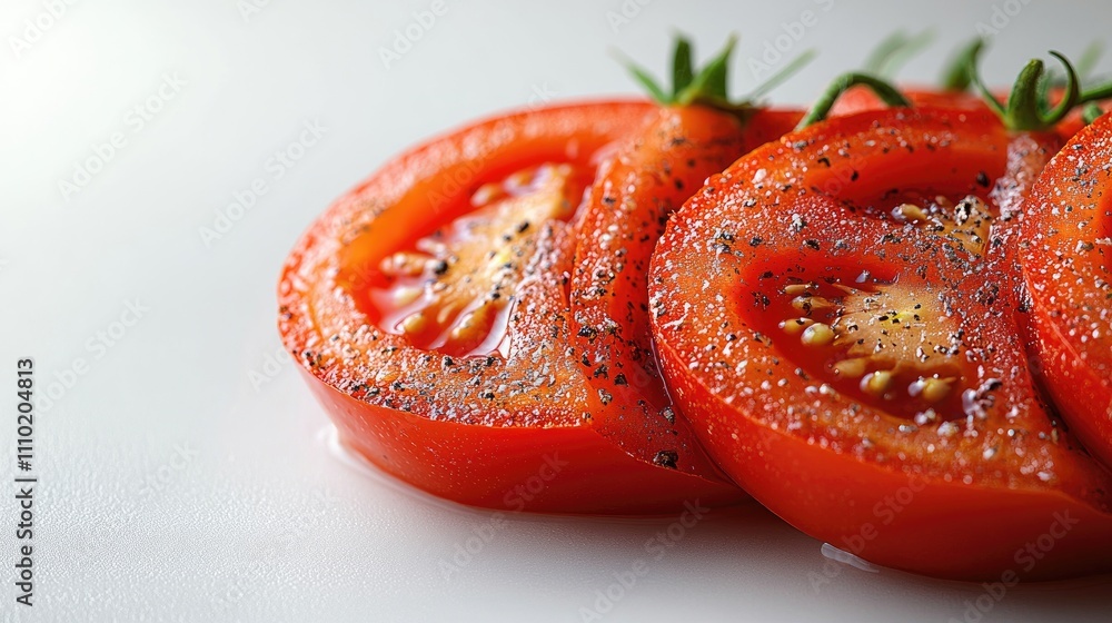 Poster freshly sliced quartered tomatoes with seasoning showcasing vibrant color and juicy texture isolated