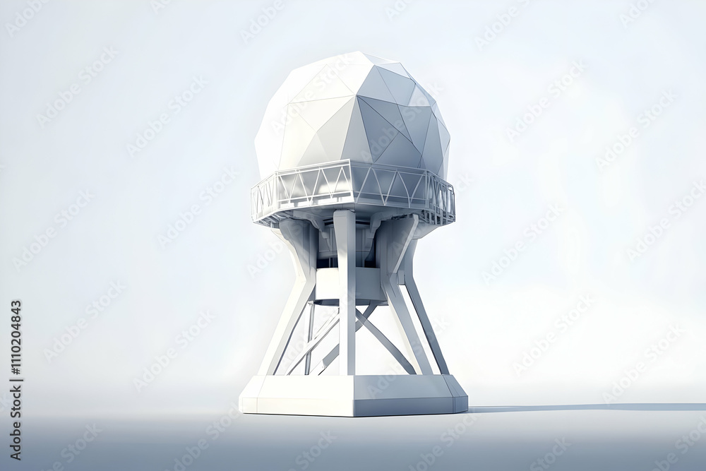 Poster a geometric radar dome structure on a platform, designed for monitoring and detection purposes.