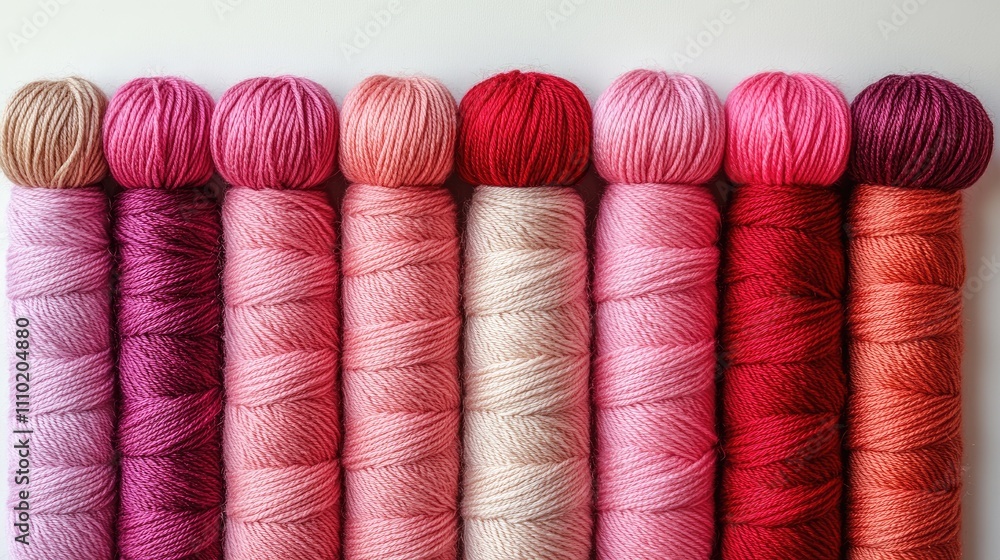 Poster colorful gradient of red and pink embroidery threads neatly arranged on a white background showcasin