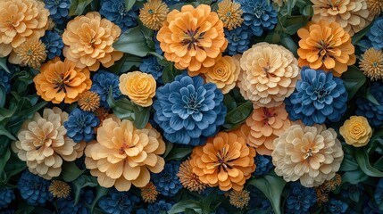 Vibrant floral arrangement with orange and blue blooms in a lush garden setting