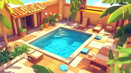 Fototapeta premium Spacious L-shaped house with a swimming pool and patio in the backyard, surrounded by tropical plants under a sunny sky.