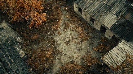 Aerial view of a post-industrial landscape showcasing dried surfaces and abandoned structures highlighting human environmental impact.
